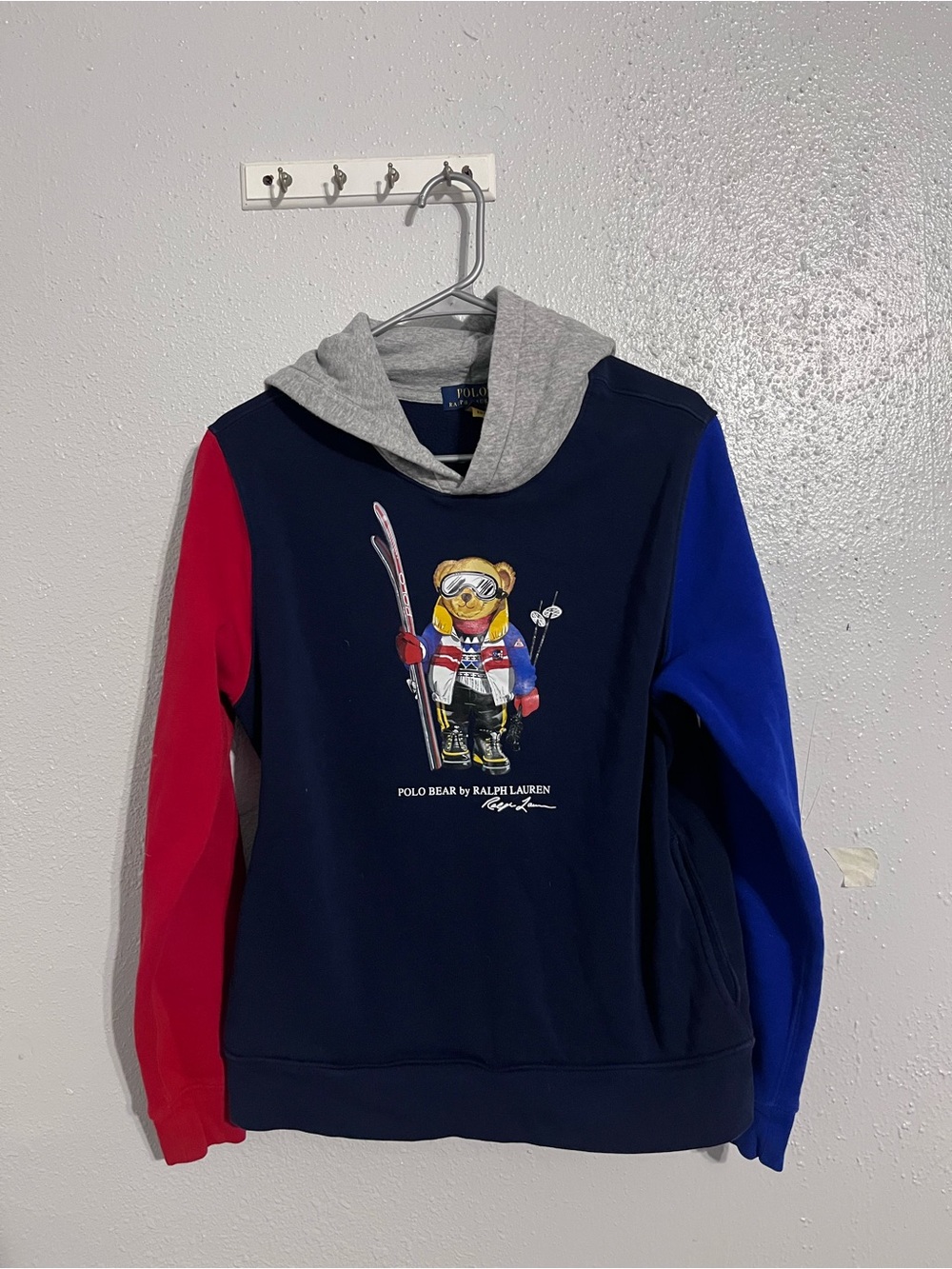 Polo by Ralph Lauren Navy Colorblock Bear Hoodie with Red & Blue Sleeves